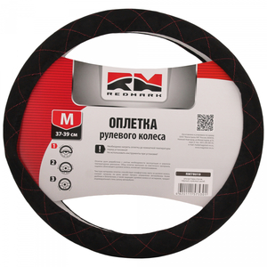 Оплетка руля RedMark алькантара, М размер,спонж, черный, красный ромб